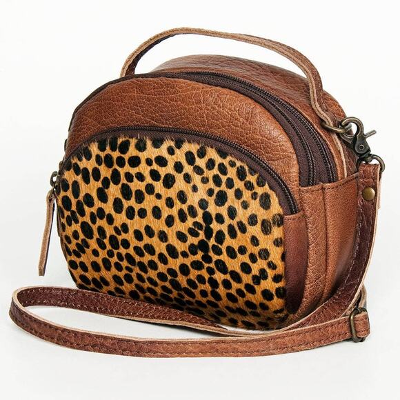 American Darling Handbags - American Darling Brown Leather Crossbody Bag with Leopard Print Front